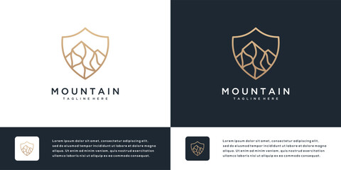 Wall Mural - Shield logo design template with mountains in modern line art.