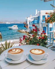 two cups of cappuccino with beautiful latte art on a white table in front of blue and white buildings overlooking the sea, red flower, a cozy terrace, trees, a sunny day, beach view background, Greece