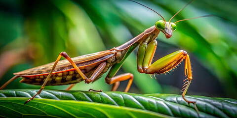 Wall Mural - The Praying Mantis's Emerald Gaze: A macro portrait capturing the intricate details and vibrant colors of a praying mantis perched on a leaf. 