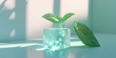 Wall Mural - Mint leaves and a clear ice cube.