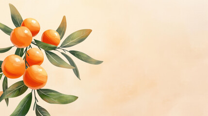 Wall Mural - A vibrant watercolor frame features fresh mandarin oranges and lush green leaves, creating a beautiful citrus fruitthemed banner.