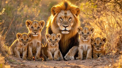 Wall Mural - Lion Pride Family Group Portrait in African Savannah