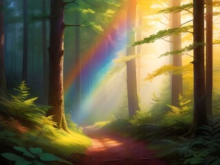 Wall Mural - Colorful forest with light shining in