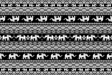 Wall Mural - Ethnic Thai Traditional White Elephant Seamless Pattern on Black Background. Vector Design for fabric, carpet, tile, textile, wallpaper and background