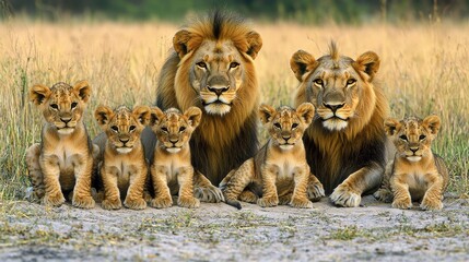 Wall Mural - Lion Pride Family with Cubs in Grassy Savanna