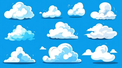 Poster - Cartoon fluffy clouds dance against a vibrant blue sky in this fun and modern vector illustration. Perfect for design