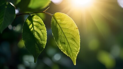 Wall Mural - Blurred green leaf background with sunlight and copy space representing natural plants and ecology Generative AI