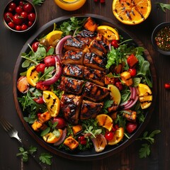 Wall Mural - Grilled Chicken Salad With Roasted Vegetables, Citrus Fruits on Rustic Wooden Table, Top View.