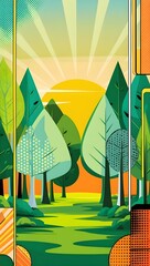 Wall Mural - pop art vector style landscape with sun, trees and hills
