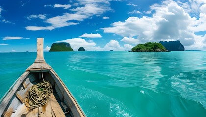 Tropical paradise featuring a boat in turquoise waters under a blue sky with fluffy white clouds and a lush island backdrop, perfect for summer getaway vibes.