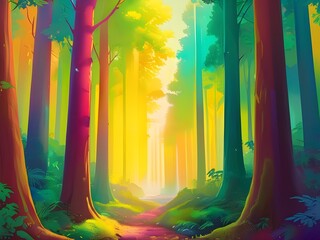 Wall Mural - Colorful forest with light shining in