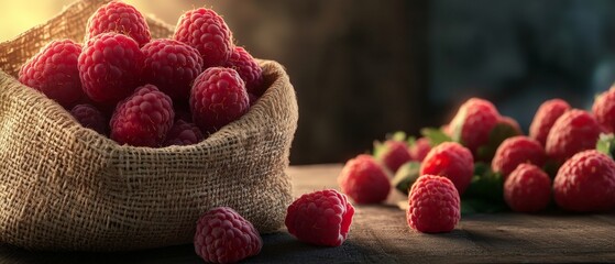 Wall Mural - Ripe Raspberries in a Burlap Sack.