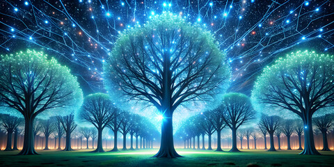 Wall Mural - Enchanted Forest: Glowing Trees in a Mystical Nighttime Landscape 