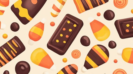 Canvas Print - Celebrate Halloween with a fun pattern of candy corn, chocolate bars, and lollipops on a clean, vibrant background.