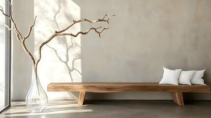 A minimalist interior featuring a wooden bench, a glass vase, and a decorative branch.