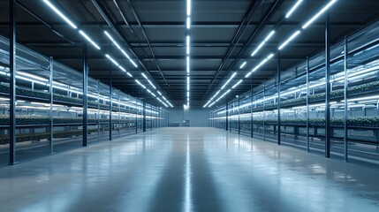  Bright overhead lights, revealing the details of modern irrigation equipment, metal shelves stocked with supplies, concrete floors, cool blues and grays, giving a sense of efficiency and modern
