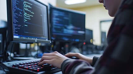 A person coding on a computer with multiple screens displaying programming text.