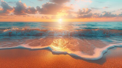 Wall Mural - A Wave Crashing on a Sandy Beach at Sunset