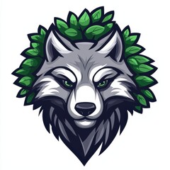 Wall Mural - Stylized wolf head with green leaf crown