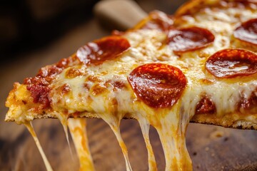 A close - up of a slice of pepperoni pizza with gooey cheese