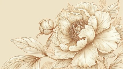 Wall Mural - Detailed Line Drawing of a Peony Flower with Leaves