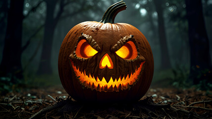 Halloween pumpkins in the forest at night. dry tree at full moon night. Ai Generative