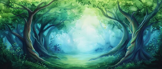 Wall Mural -  A green forest painting with trees lining paths, culminating in a beacon of light at the forest's end