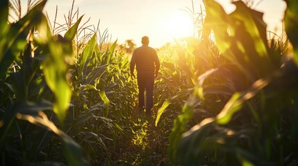 Wall Mural - A person walking through a cornfield at sunset, symbolizing agriculture and nature.