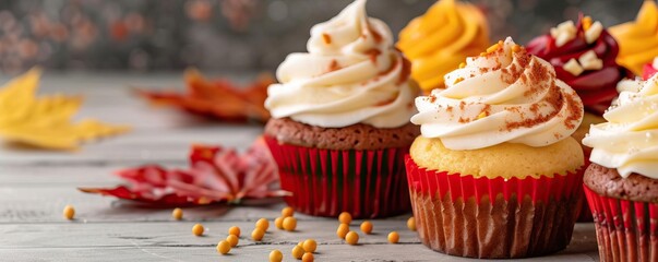 Assorted cupcakes with Thanksgiving designs on a festive table, themed confections, editorial shot, empty copy space for text on side