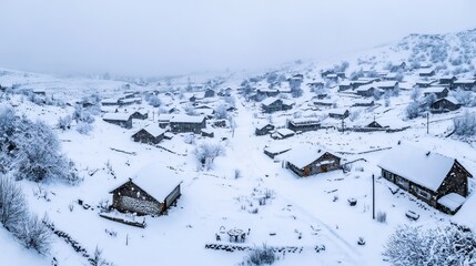 Poster - Snowy Mountain Village Aerial View Winter Landscape