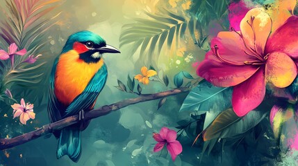 Graphic Tropical Paradise, a colorful tropical bird perched on a branch with exotic flowers surrounding, bright and vivid color palette, soft, natural lighting with highlights on the bird feathers,