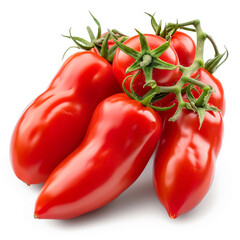 Wall Mural - Red San Marzano tomato with a green stem isolated on a white background