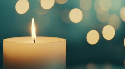 Single Burning Candle with Bokeh Lights on Teal Background