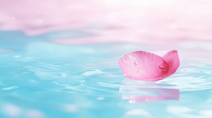 Sticker - Pink Flower Petal Floating on Blue Water with Water Droplets