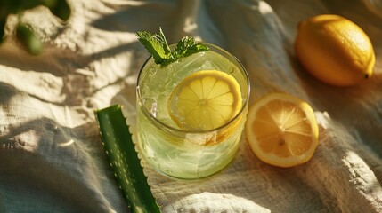 Sticker - A refreshing drink with lemon slices and mint, placed on a textured cloth.