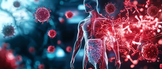 a stunning visual of the human body interacting with viruses, highlighting the complexity of the imm