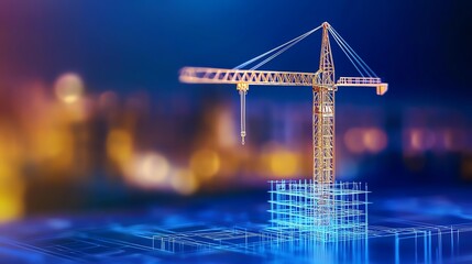 A modern construction crane against a blurred urban background, symbolizing development and engineering innovation.