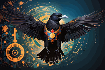 an crow soaring in a geometry background