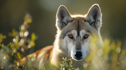  A tight shot of a dog's expression, with a bush in sharp focus at the forefront and a softly blurred background