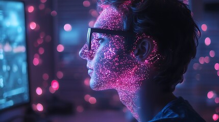 A man�s face illuminated by neon lights as he focuses on a computer screen, reflecting modern technology.