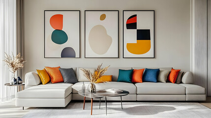 A modern living room featuring abstract art and colorful cushions.