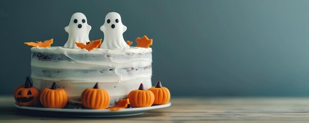 Close-up of a Halloween cake with ghost and pumpkin decorations, October culinary delight, empty space for text on left