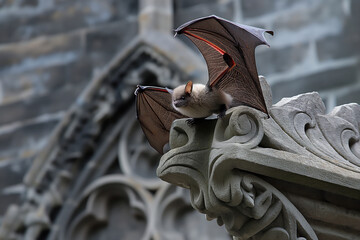 Brown bat is stretching its wings while perched on a gothic gargoyle sculpture on a building