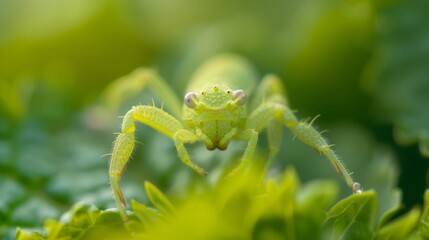 Wall Mural -  A tight shot of a green grasshopper perched on a leafy plant, surrounded by numerous green leaves in the background