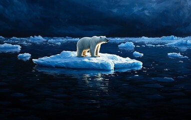 a majestic polar bear stands on a small ice floe surrounded by deep ocean water under a dramatic sky