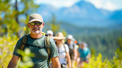 A group of hikers walks along a picturesque trail surrounded by lush greenery and mountains under a clear blue sky. They are enjoying an active summer vacation