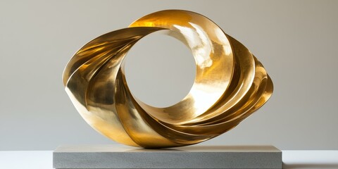 Gold abstract sculpture on a stone base.