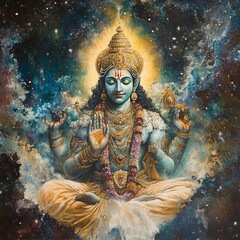 A serene depiction of Vishnu, a Hindu deity, meditating amidst a cosmic background of stars and clouds.