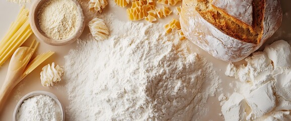 A close-up of white flour, pasta, bread, and a wooden bowl of semolina flour on a beige background.