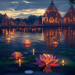 A serene temple complex with illuminated lotus flowers floating on a tranquil lake at dusk.